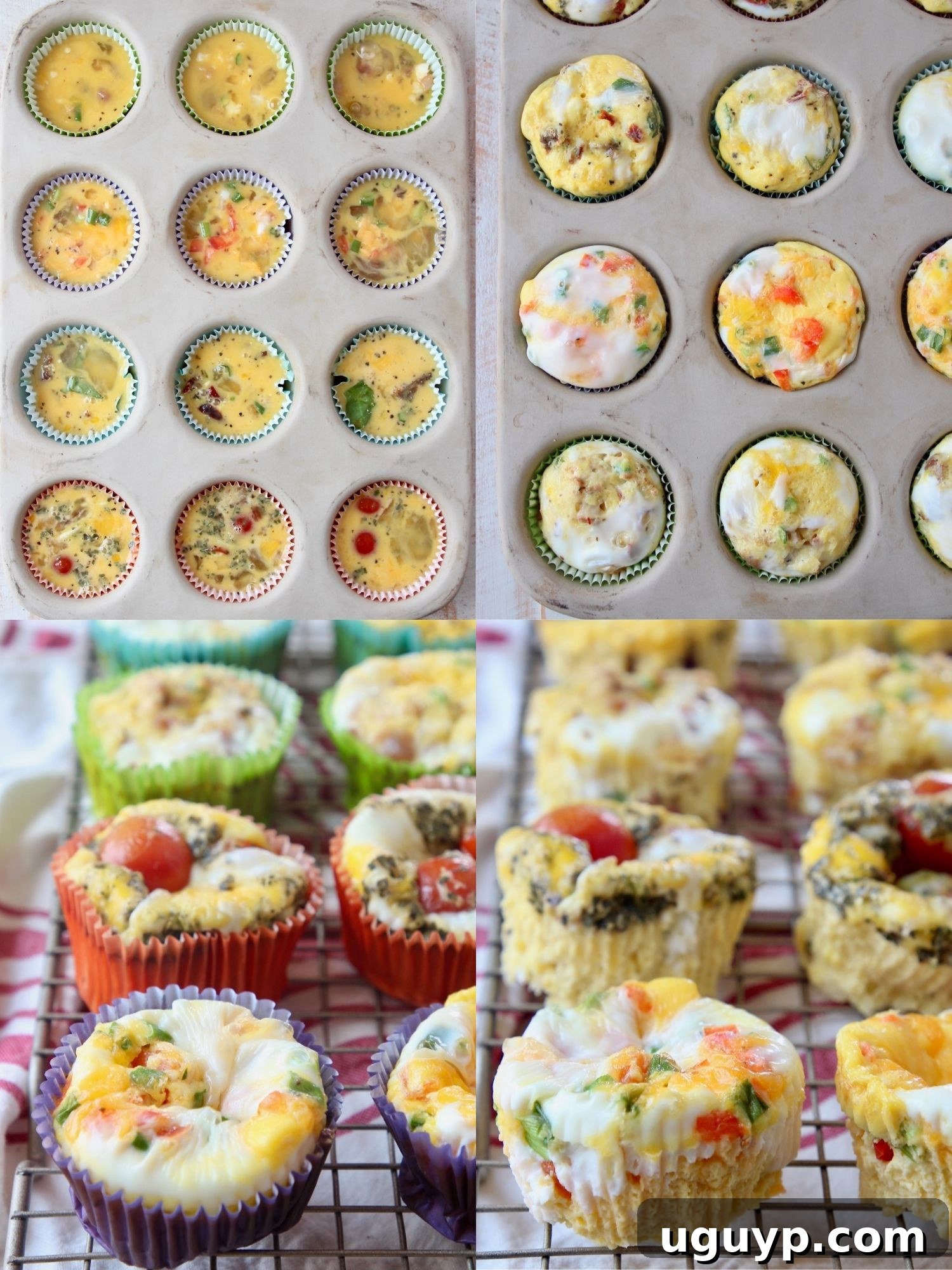A collage demonstrating the process of making egg muffins, specifically focusing on the use of paper liners in the muffin tin.