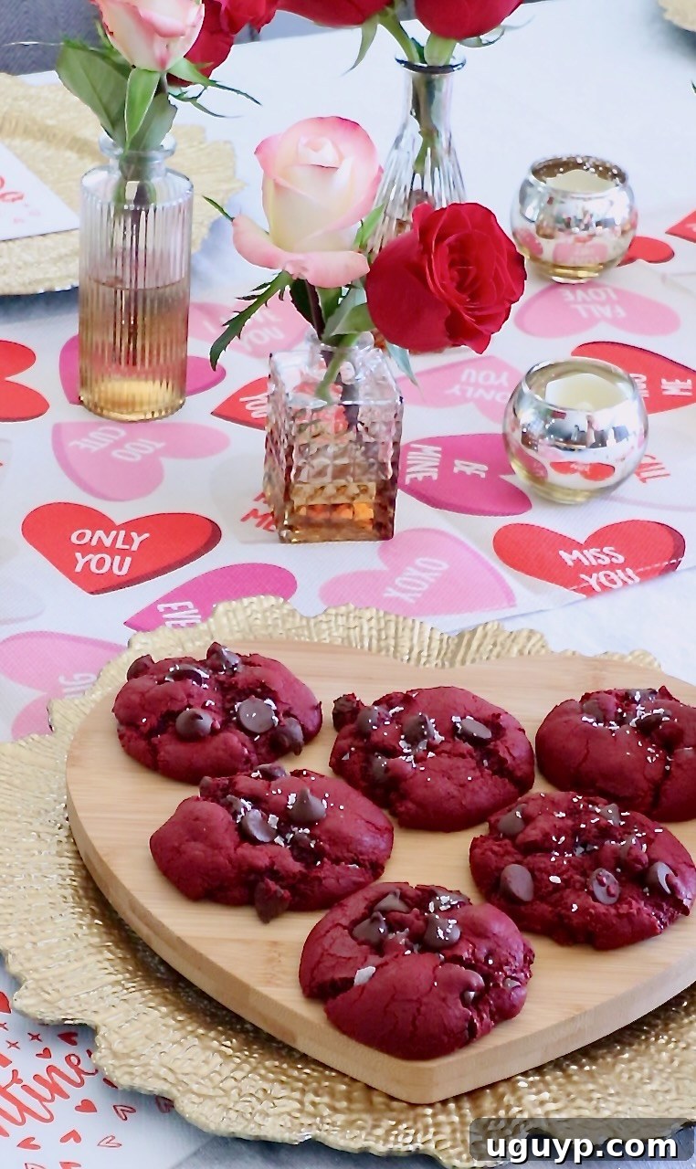 A heart-shaped wooden tray filled with beautiful red velvet cookies topped with dark chocolate chips. The tray is surrounded by romantic elements like roses and heart-themed decor, perfect for Valentine's Day.