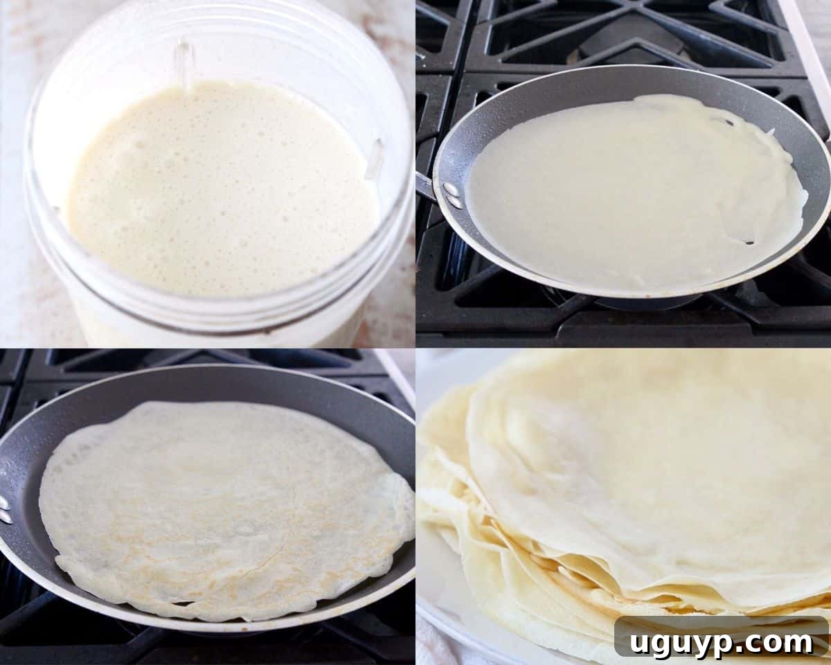 A four-panel collage demonstrating the step-by-step process of making crepes, from mixing batter to cooking and folding.