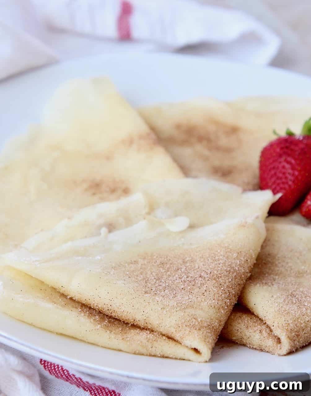 Golden-brown cinnamon sugar crepes, elegantly folded into triangles and garnished with fresh strawberries on a pristine white plate.