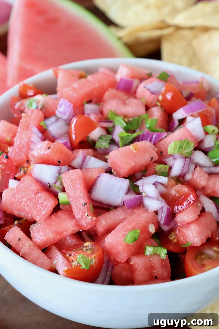 A beautifully presented bowl of homemade watermelon salsa, ready to be enjoyed.