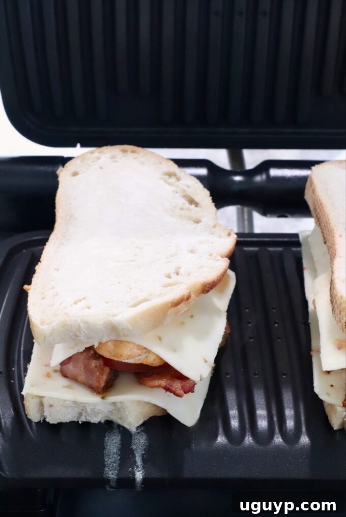 uncooked chicken panini sandwich in a panini press