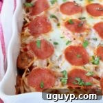 Pizza Baked Spaghetti in casserole dish