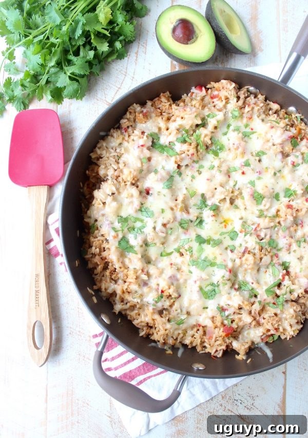 A close-up of the molten pepper jack cheese beautifully melted over the One Pot Turkey Taco Rice Skillet, garnished with fresh cilantro.