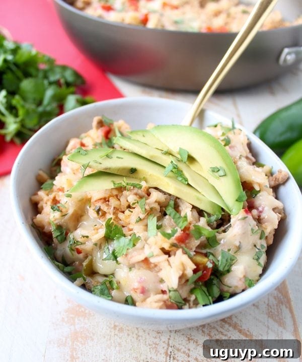 A final presentation of the Turkey Taco Rice Skillet, served family-style with fresh cilantro and lime wedges, ready for a delicious meal.