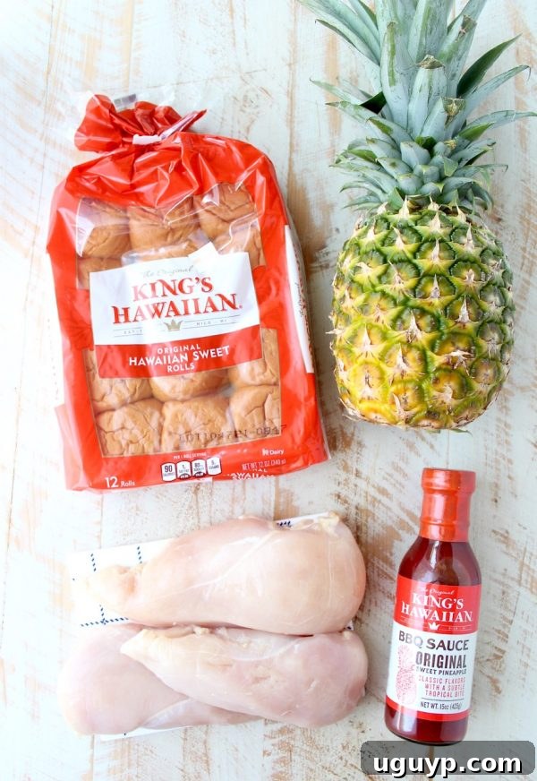 Cooked, shredded Hawaiian chicken mixed with pineapple and BBQ sauce, ready to be assembled on rolls.
