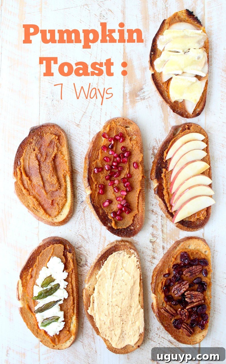Seven pieces of pumpkin toast on a white wooden board, each with a unique topping, and a text overlay reading 'Pumpkin Toast: 7 Ways'