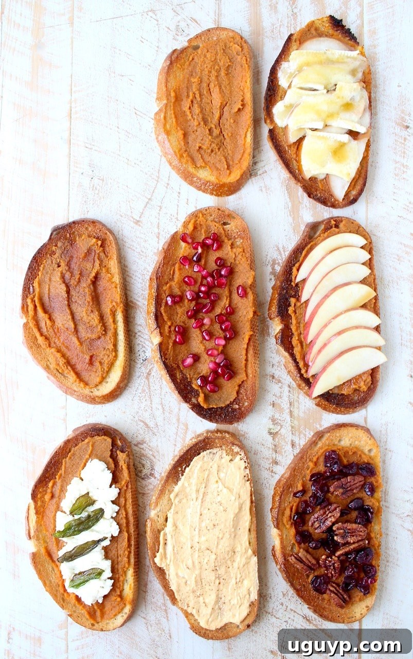 Seven slices of pumpkin toast, each with a different, colorful topping, arranged on a white wooden board for a vibrant display.