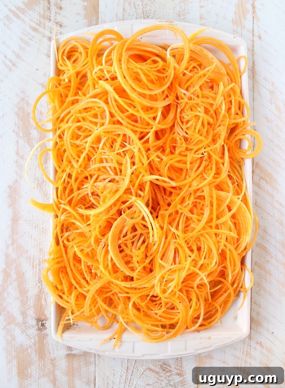 butternut squash noodles on a baking sheet