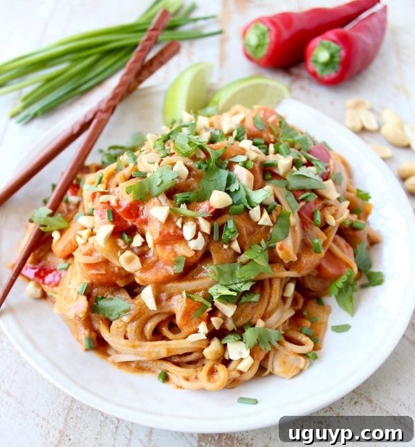 A vibrant bowl of Slow Cooker Thai Peanut Chicken Noodles, garnished with fresh cilantro, chopped peanuts, and a lime wedge.
