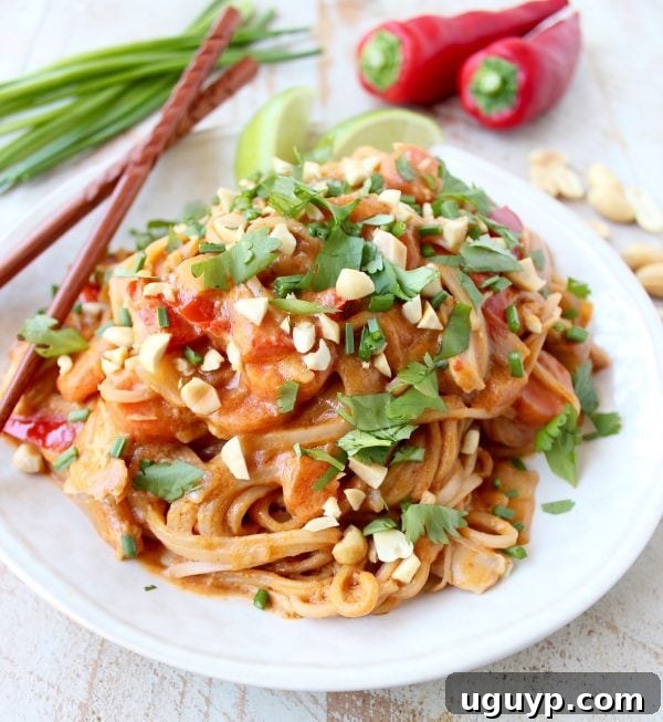 The finished Slow Cooker Thai Peanut Chicken Noodles, stirred and ready to be plated for a family dinner.