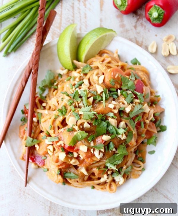 An overhead view of the full slow cooker pot filled with the cooked Thai Peanut Chicken Noodles, inviting and ready to be served.