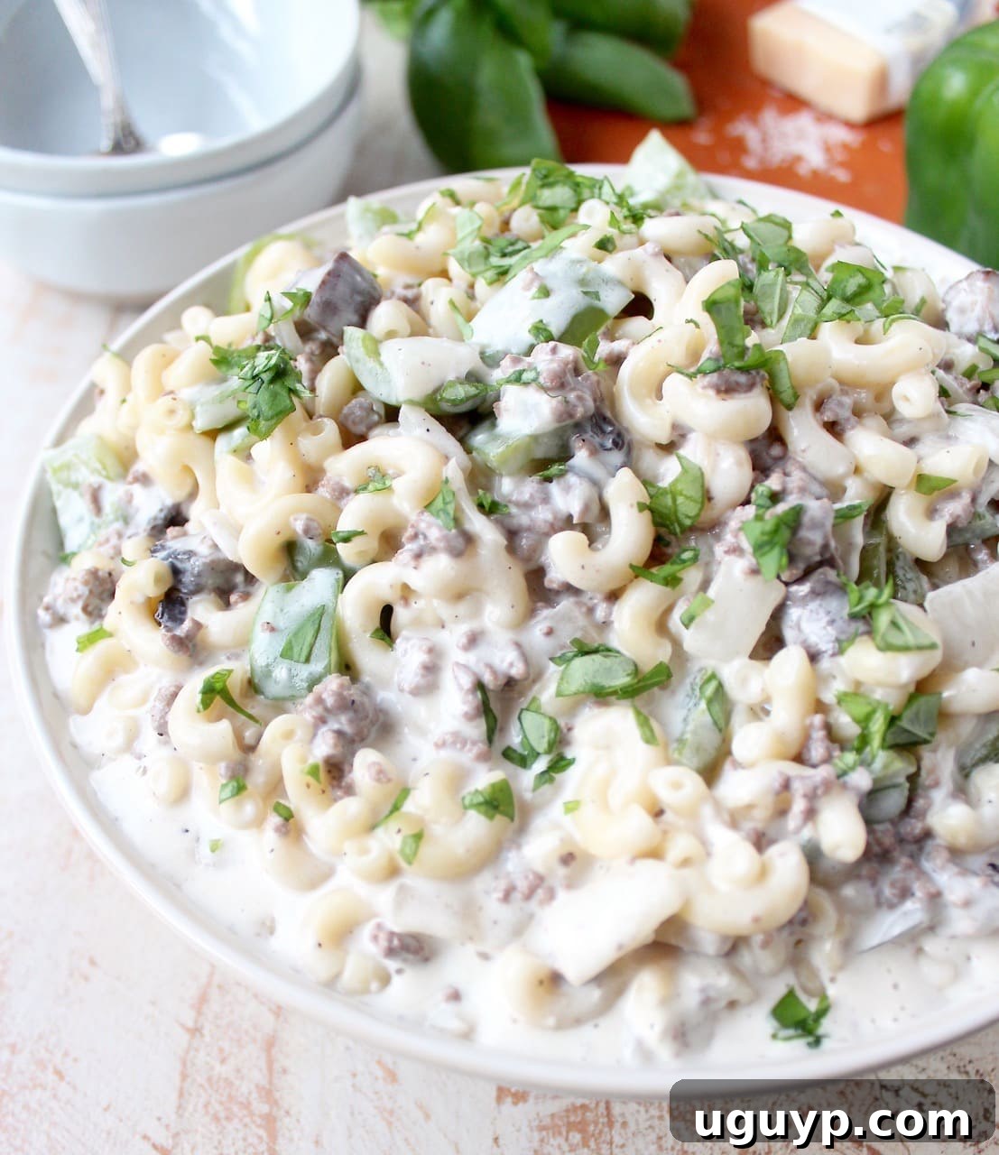 prepared cheesesteak mac and cheese in bowl