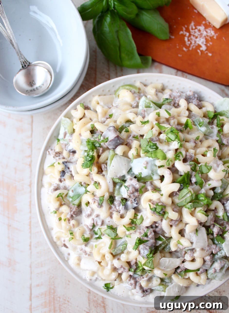 cheesesteak mac and cheese in bowl
