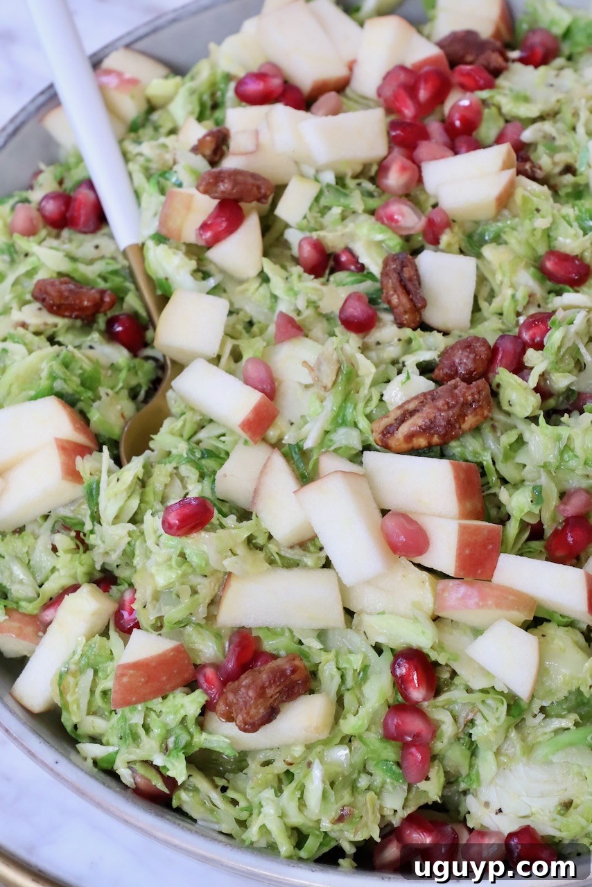 Close-up of the finished shaved Brussels Sprout Salad in a rustic bowl, generously topped with glistening pomegranate seeds and crisp apple chunks, with a fork ready to enjoy.