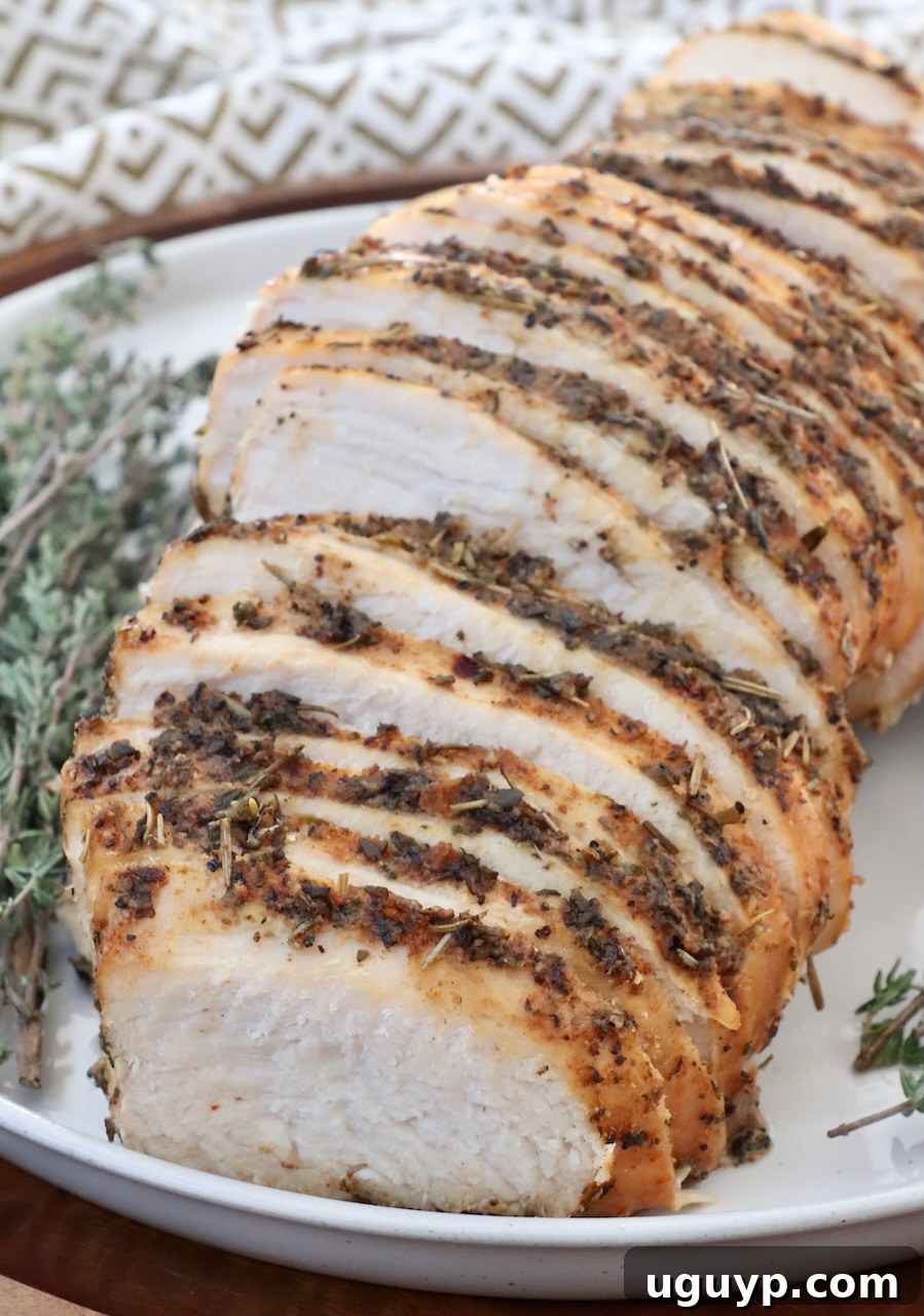 Sliced turkey breast elegantly presented on a plate