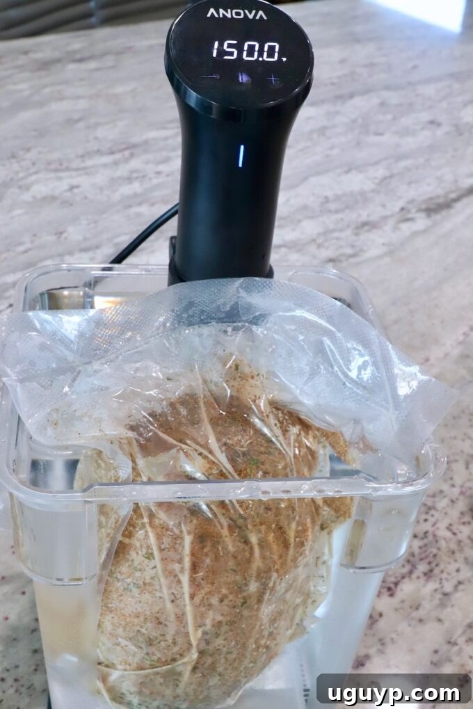 Vacuum-sealed turkey breast submerged in a temperature-controlled water bath with a sous vide immersion circulator.
