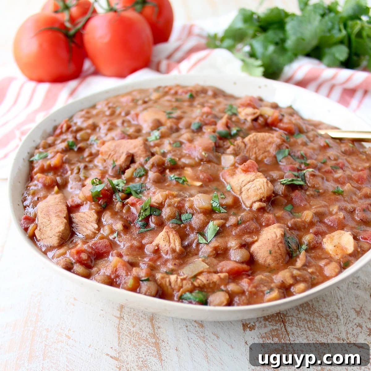Instant Pot Chicken Tikka Masala with Lentils in a serving bowl