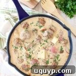 Delicious one-pot German meatballs and potatoes in a creamy white caper sauce.