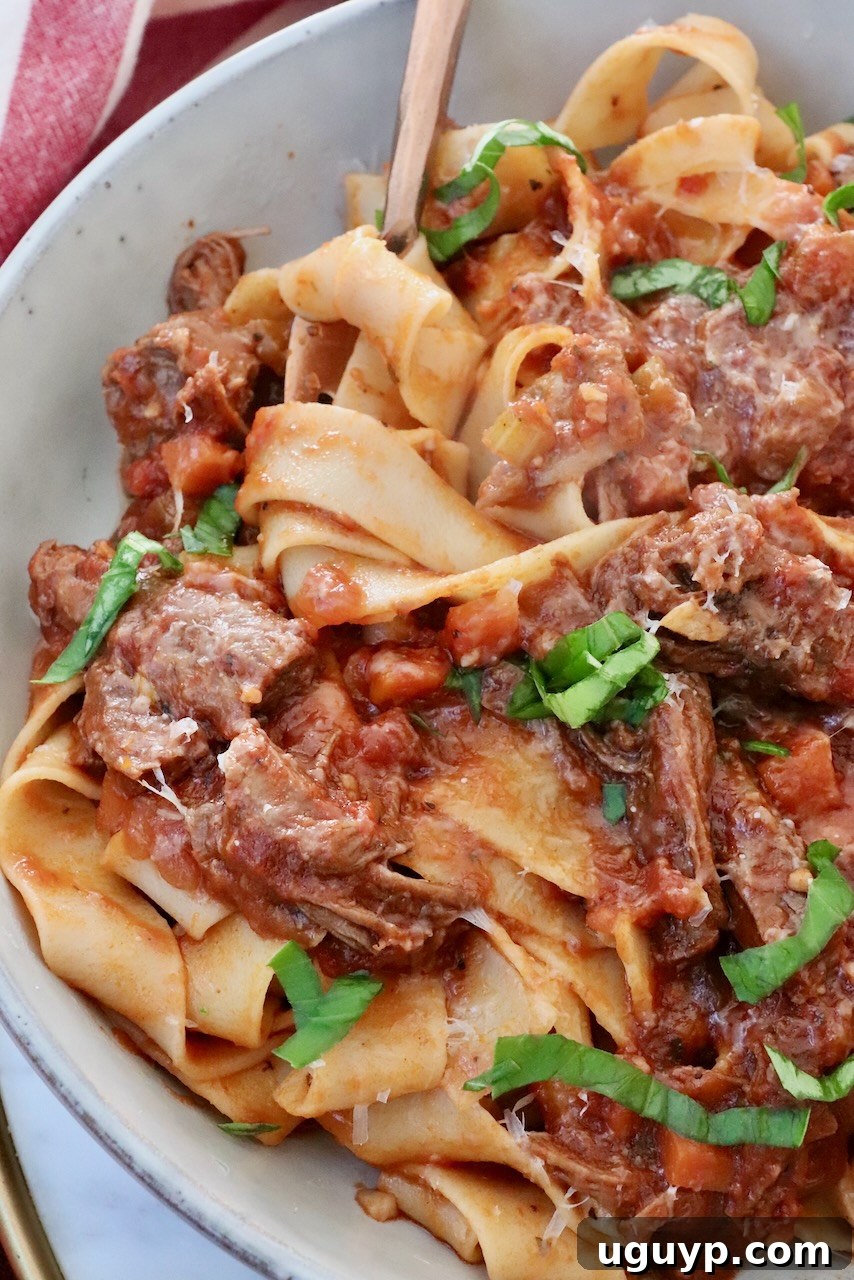 A close-up of hearty Instant Pot Beef Ragu mixed with pasta in a bowl, with a fork twirling the delicious sauce.