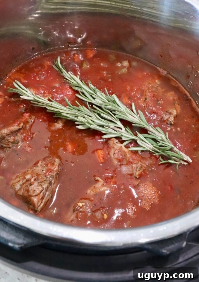 Instant Pot filled with beef ragu sauce ingredients, topped with fresh sprigs of rosemary before pressure cooking.