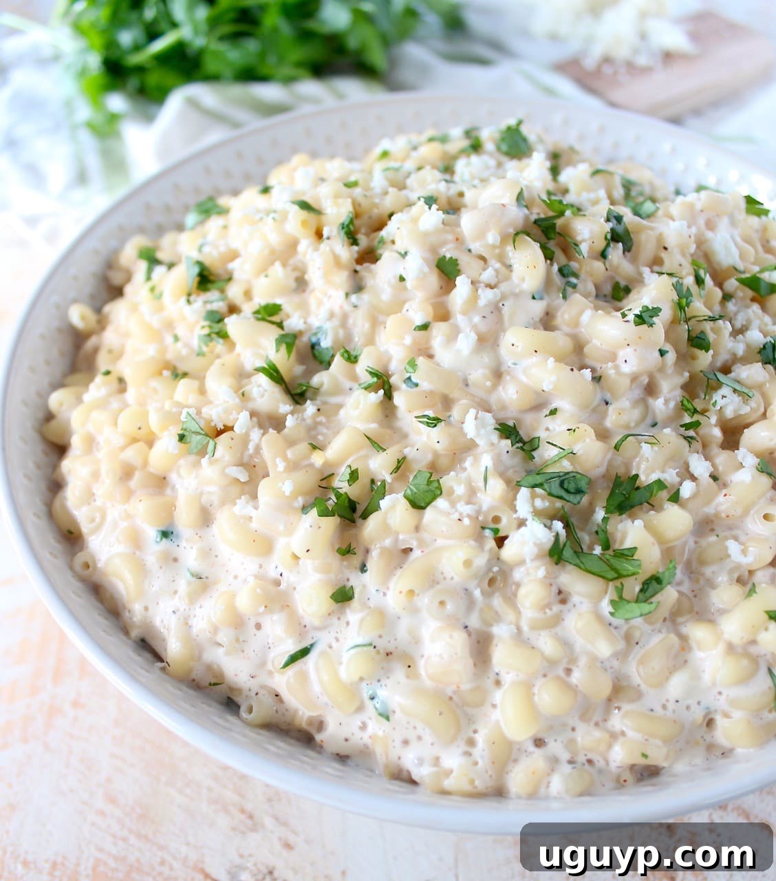 A large white bowl brimming with creamy Mexican street corn mac and cheese, garnished with fresh cilantro.