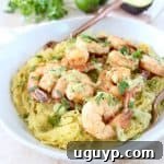Cilantro Lime Shrimp with Green Chili Avocado Sauce and Spaghetti Squash
