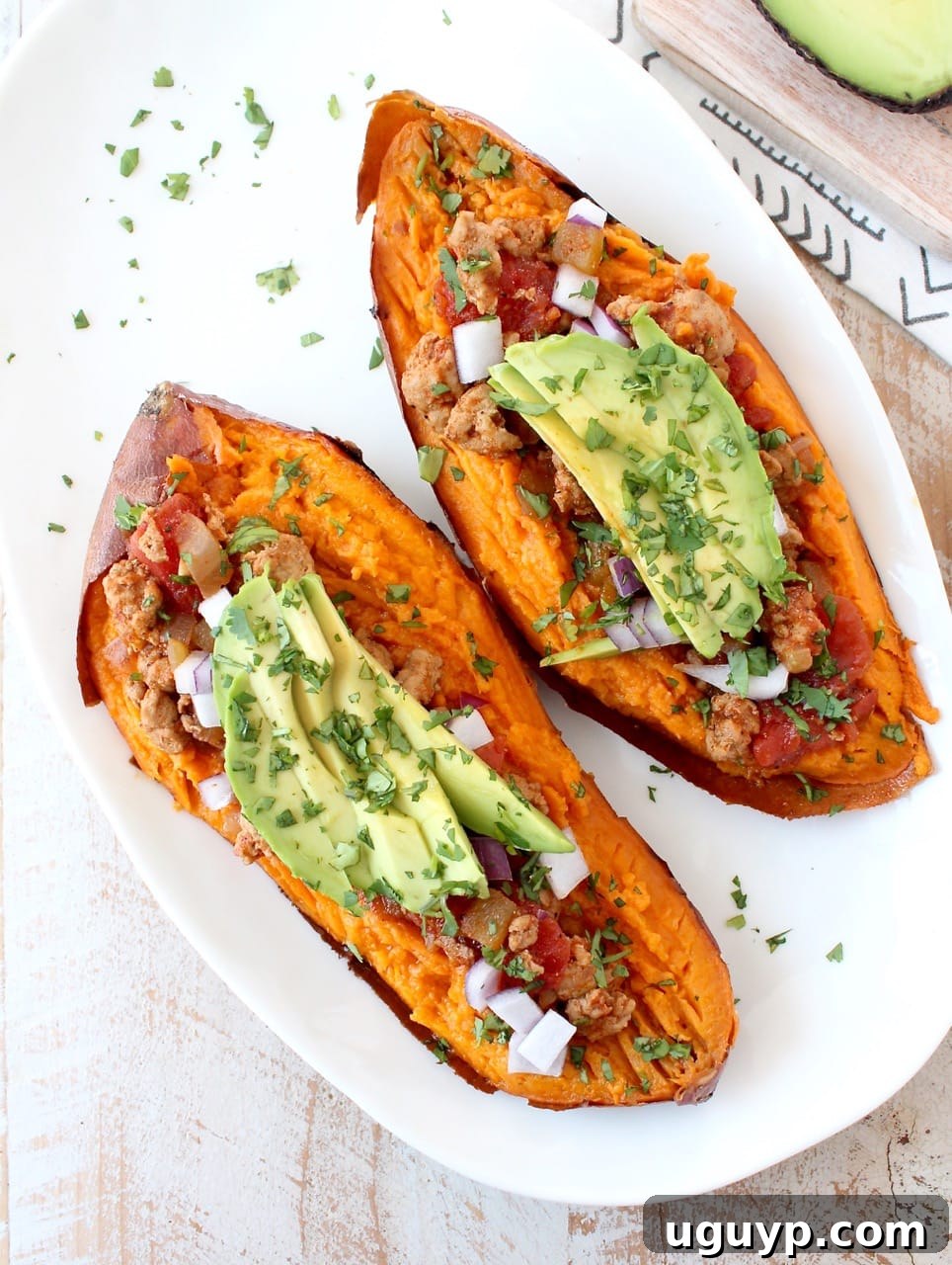 baked sweet potato sliced in half on white plate, topped with chili, avocado and cilantro