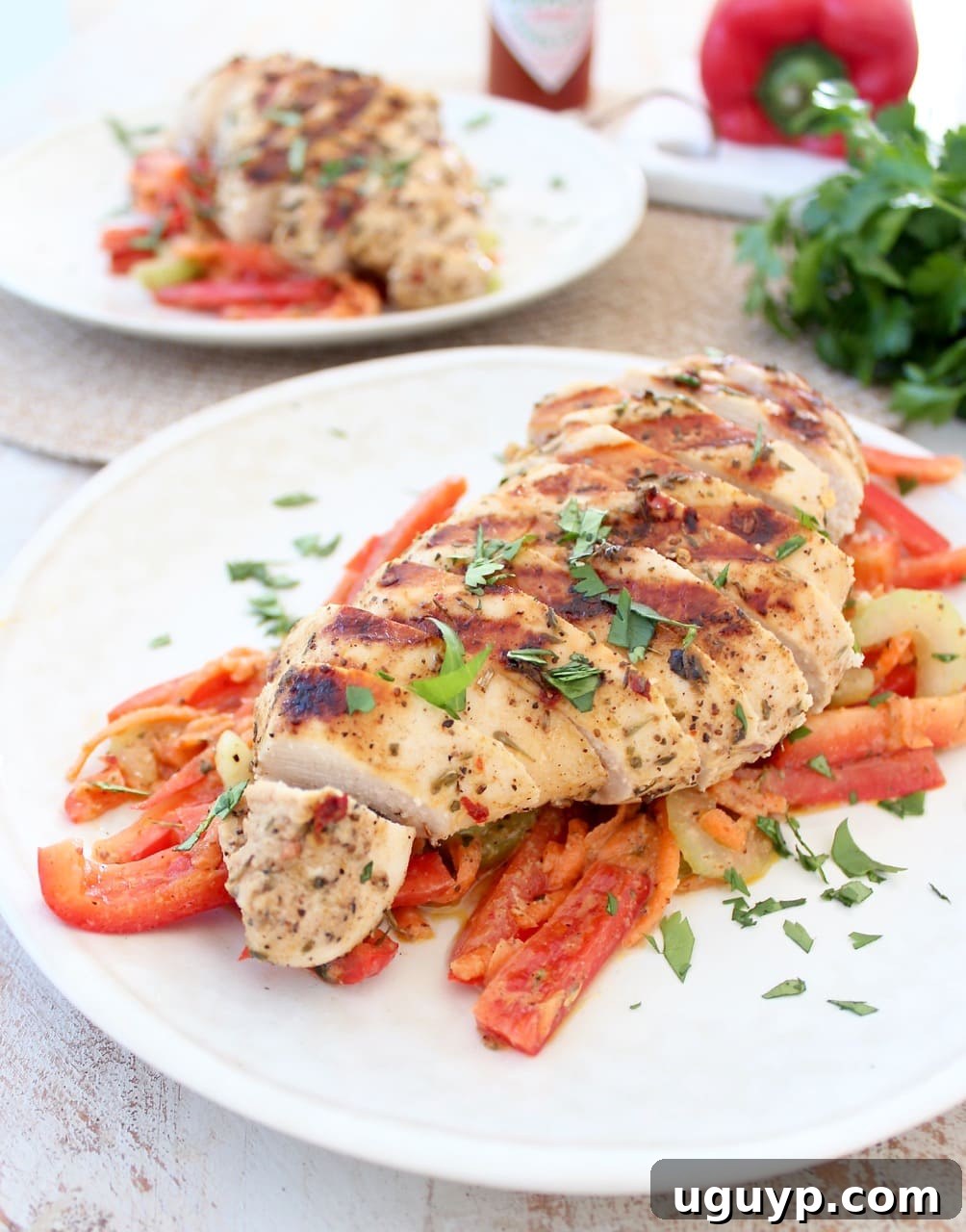 A white plate topped with perfectly sliced red bell peppers and expertly grilled, sliced Cajun chicken breast, garnished with fresh herbs.