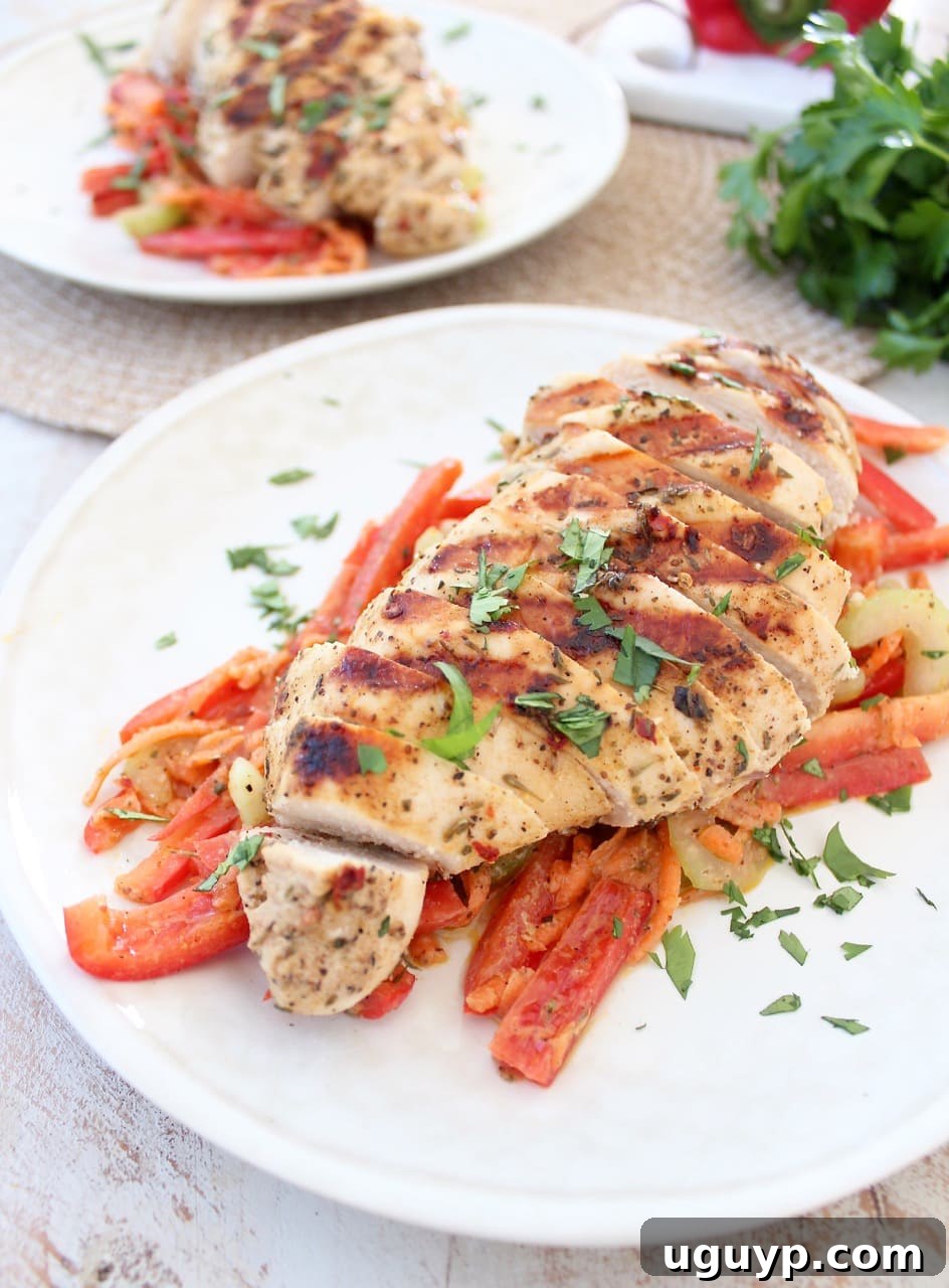 Another view of sliced grilled chicken on sliced red peppers on a white plate, highlighting the delicious textures.