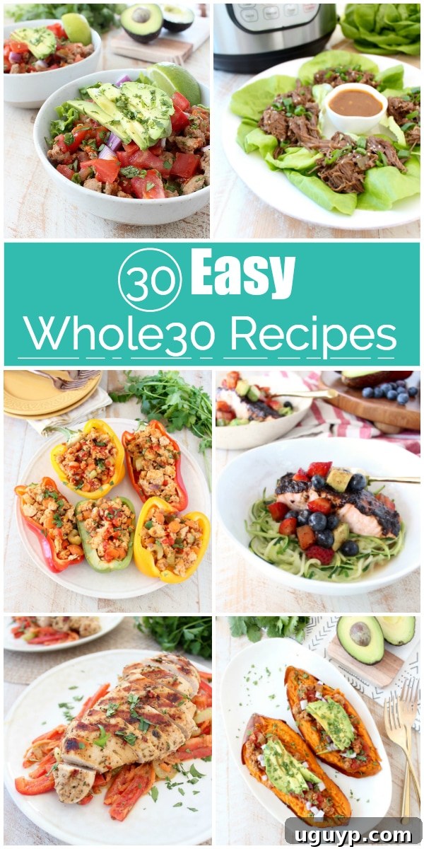 A vibrant collage showcasing diverse, healthy Whole30 meals, with text overlay "30 Easy Whole30 Recipes" and a prompt to use the shopping guide.