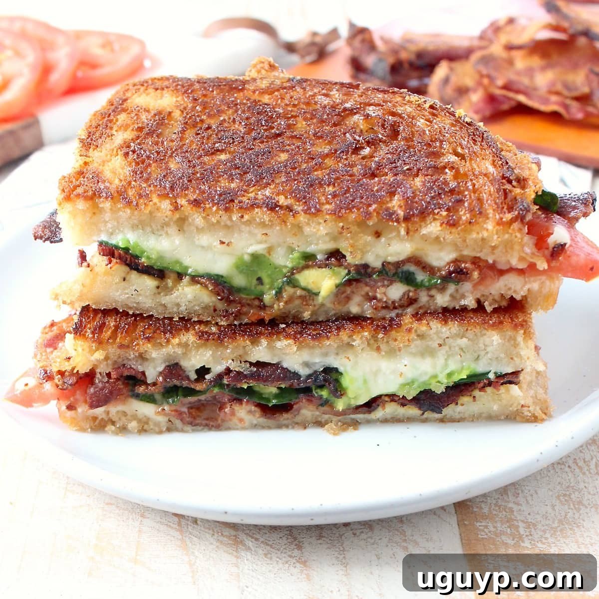 Crispy bacon, creamy avocado and juicy tomatoes are combined in this scrumptious gruyere and avocado grilled cheese sandwich recipe!