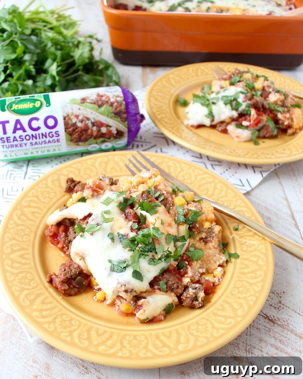 Close-up of a serving of Turkey Taco Casserole on a plate