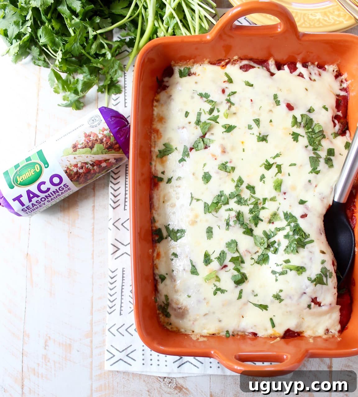 Taco Casserole in a baking dish, freshly baked