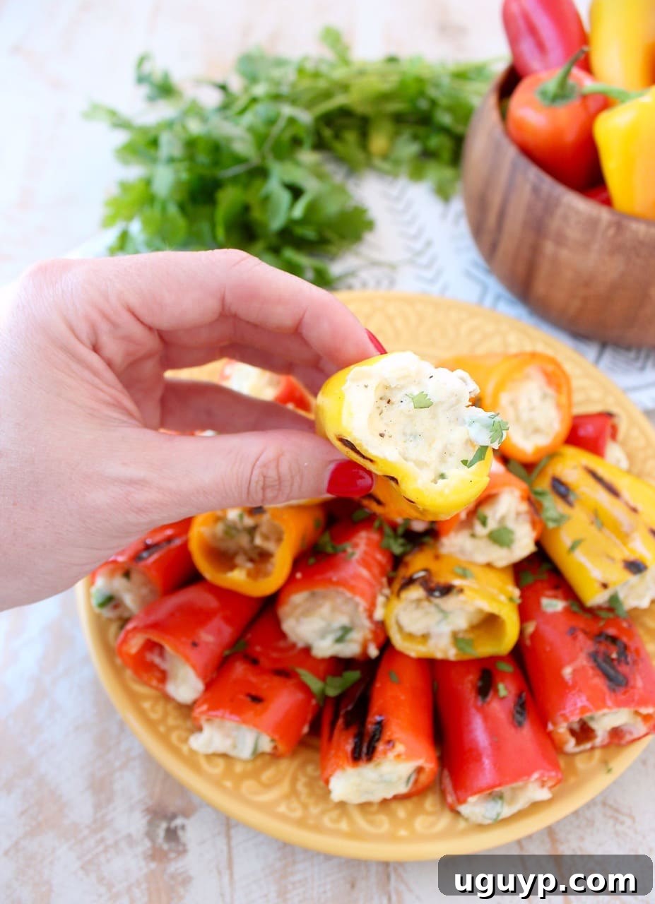 Hand Holding Grilled Stuffed Peppers with Creamy Dip