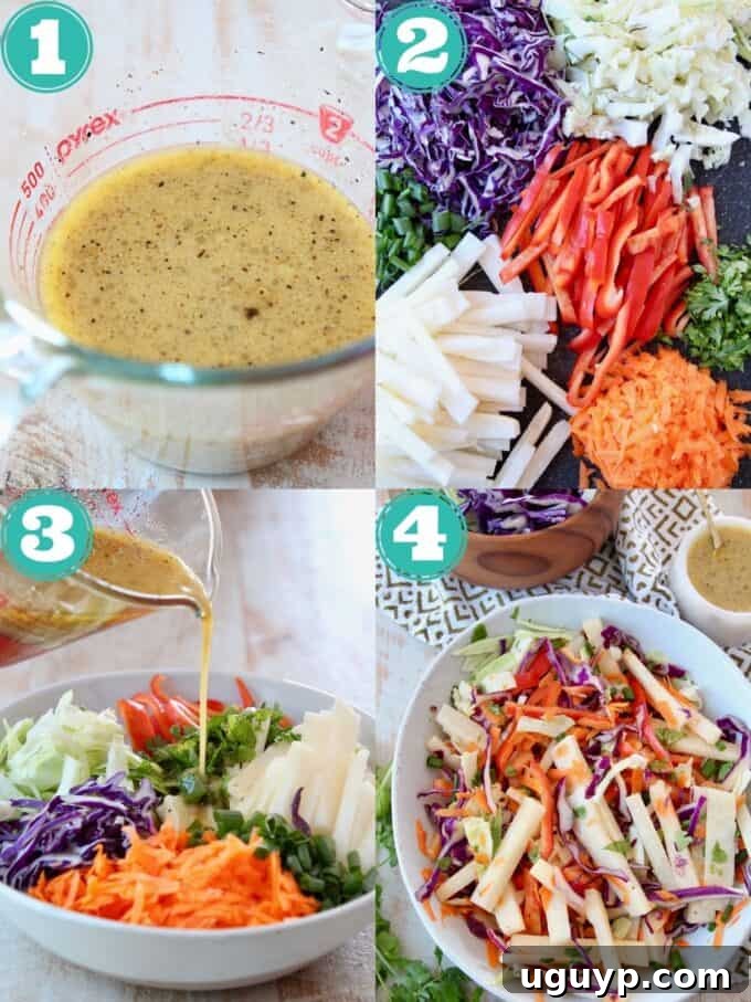 Collage showcasing the simple steps to prepare homemade Jicama Slaw from start to finish