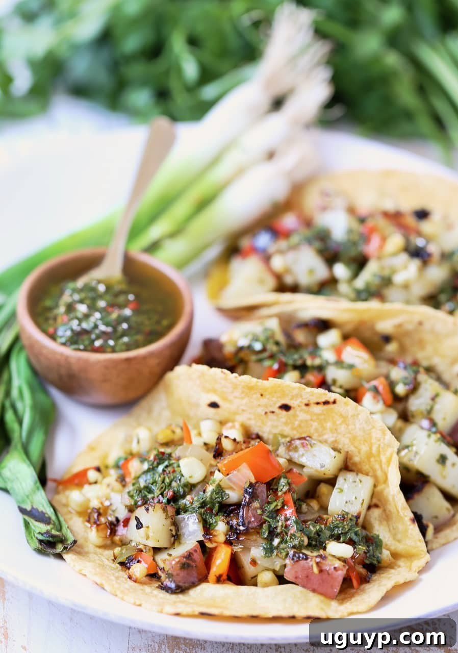 Flavorful Vegan Tacos filled with expertly grilled potatoes, bell peppers, corn, and topped with zesty chimichurri sauce, served on a rustic plate.