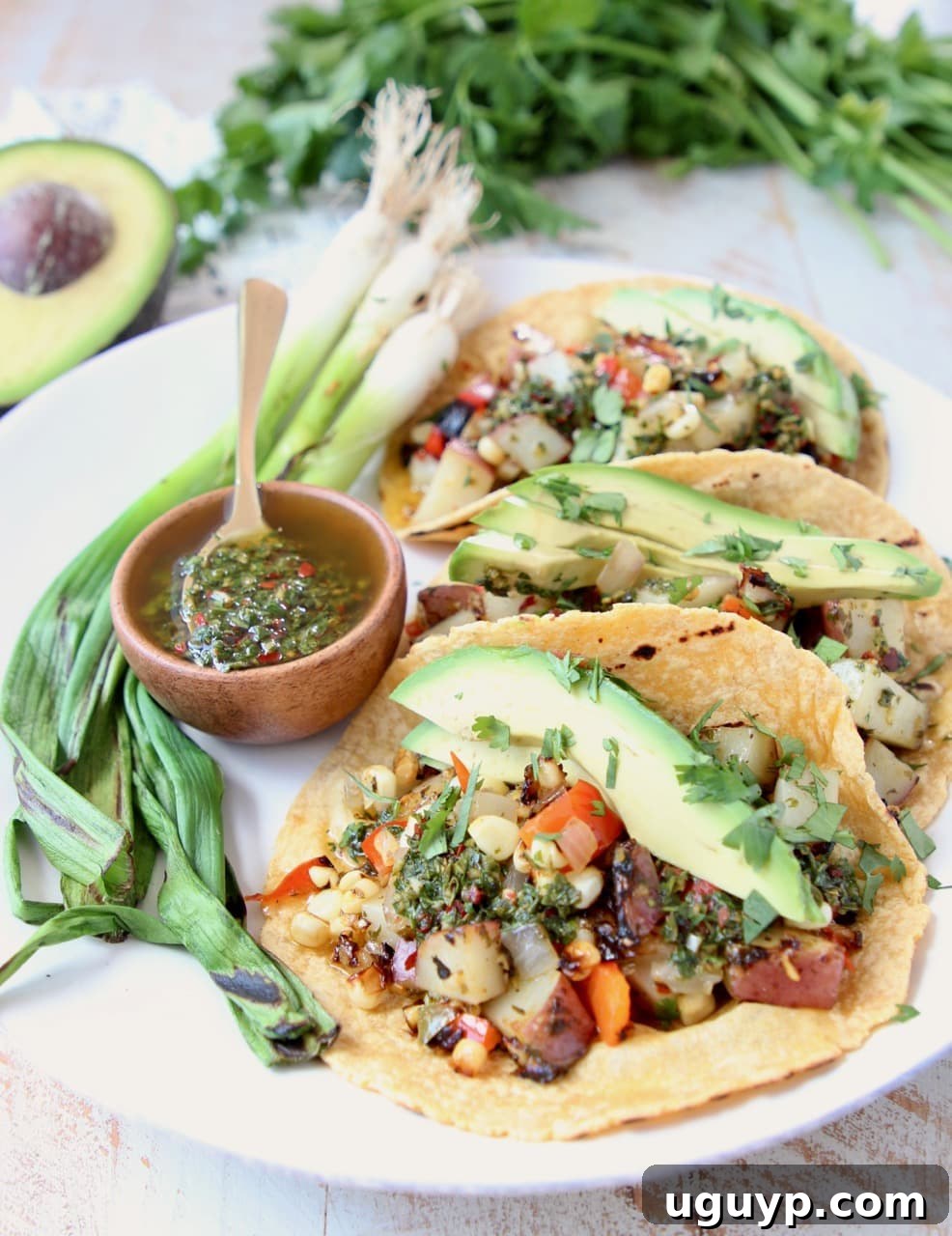 Delectable Grilled Vegan Tacos, richly filled with tender potatoes, vibrant peppers, creamy avocado slices, and a generous drizzle of homemade chimichurri sauce.