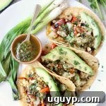 Vibrant Vegan Tacos filled with grilled vegetables, chimichurri sauce, and fresh avocado slices, presented invitingly.