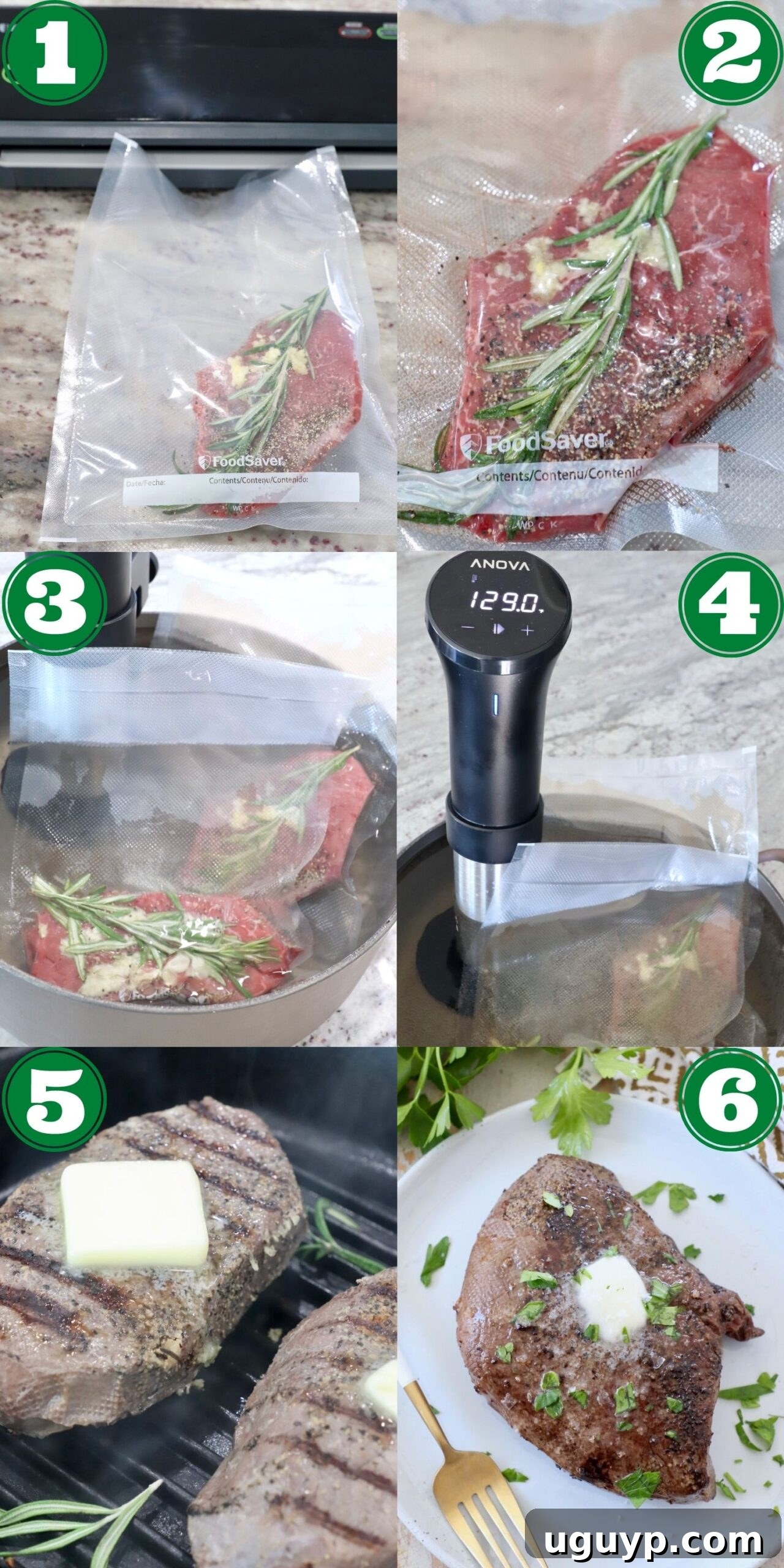 Collage showing steps for making sous vide steak: seasoning, sealing, water bath, and searing.