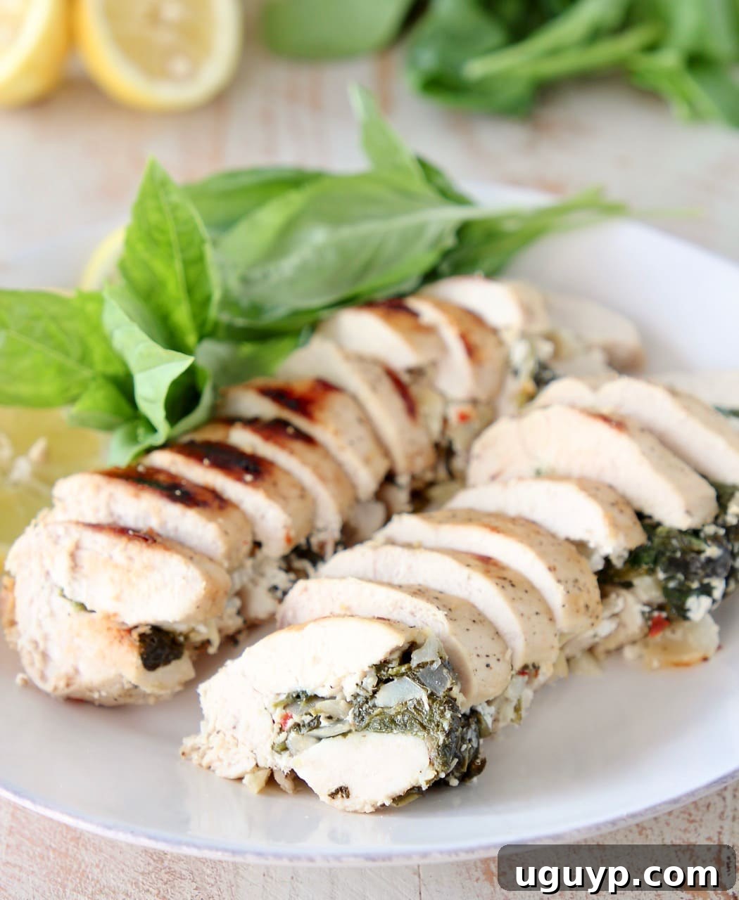 Sliced Spinach Artichoke Chicken with Fresh Basil and Lemons