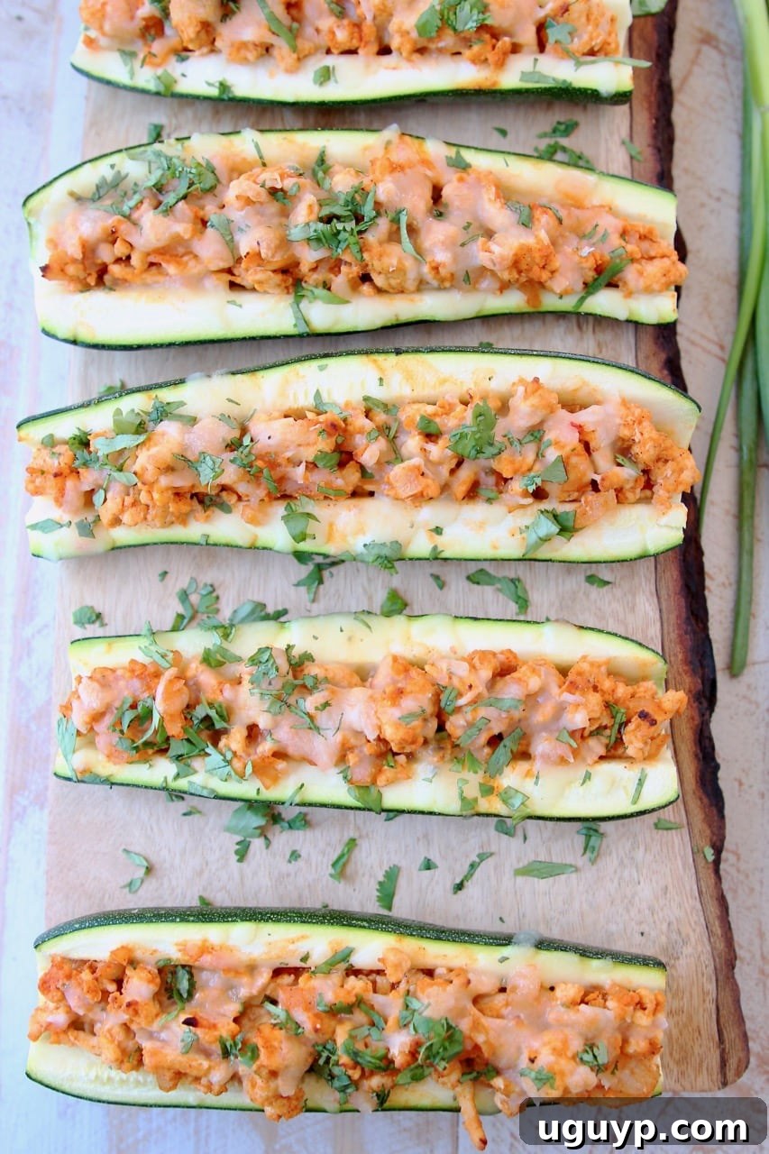 Buffalo Chicken Stuffed Zucchini with Fresh Cilantro