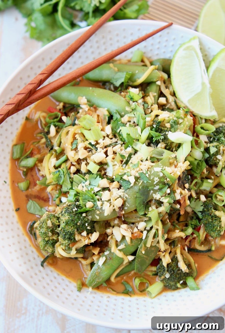 Vegan Pad Thai with Zucchini Noodles, Sugar Snap Peas, Crushed Peanuts and Scallions