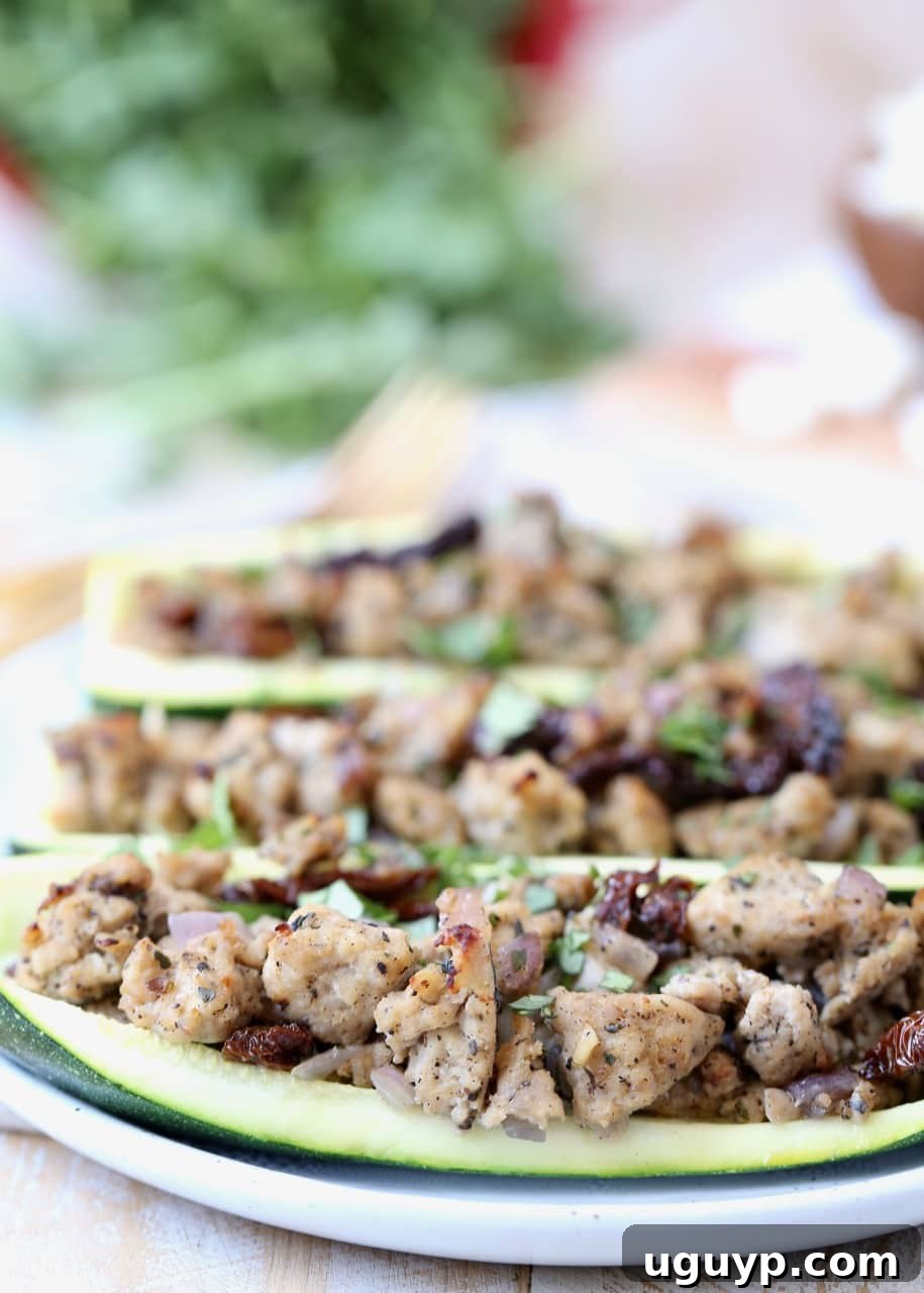 Close-up of ground turkey and sun dried tomatoes filling nestled in zucchini boats on a white plate, showcasing the delicious texture.