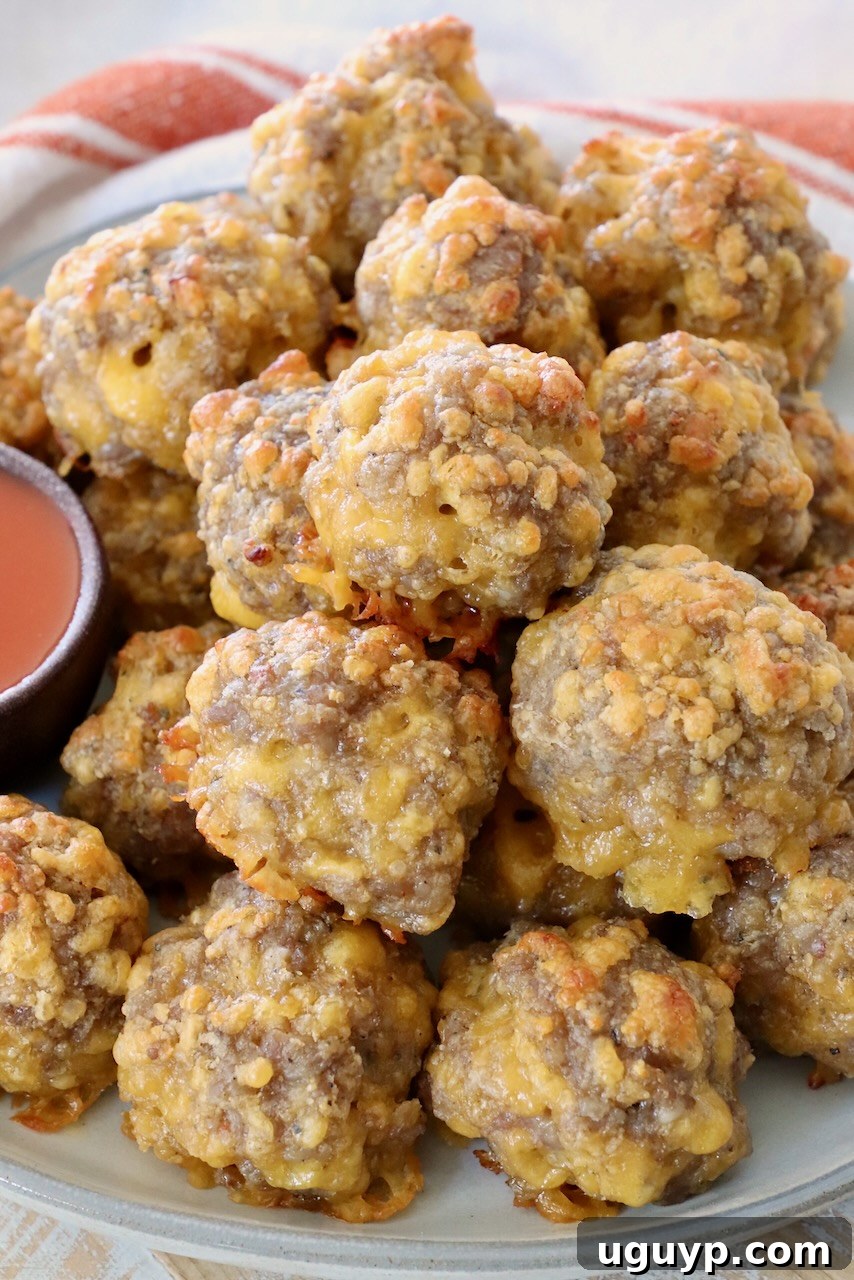 Cooked Bisquick Sausage Balls piled high on a white serving plate, ready to be enjoyed.