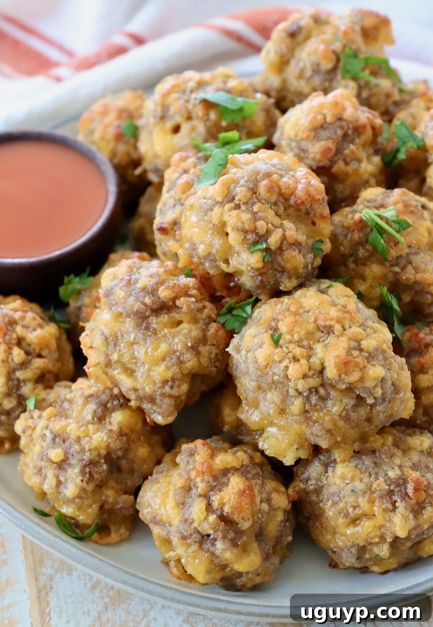 Cooked Bisquick Sausage Balls stacked on a plate, with a small bowl of buffalo sauce on the side for dipping.
