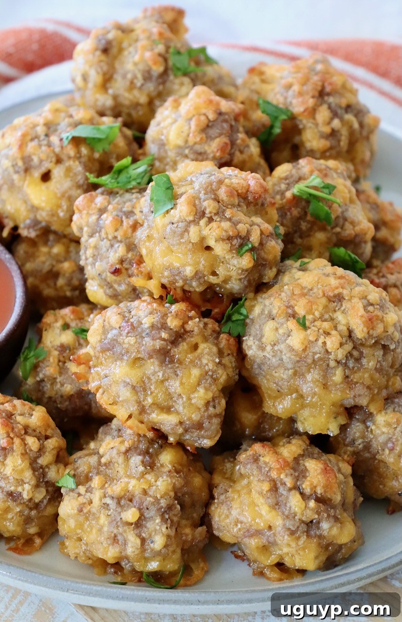 A generous stack of cooked Bisquick Sausage Balls on a white plate, showcasing their inviting golden color and perfect texture.