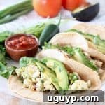 Breakfast egg tacos on corn tortillas with sliced avocado and cilantro