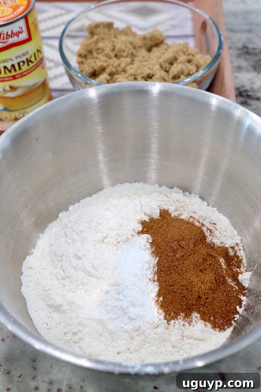 Dry ingredients for pumpkin cupcakes, including flour, baking soda, and spices, mixed in a bowl