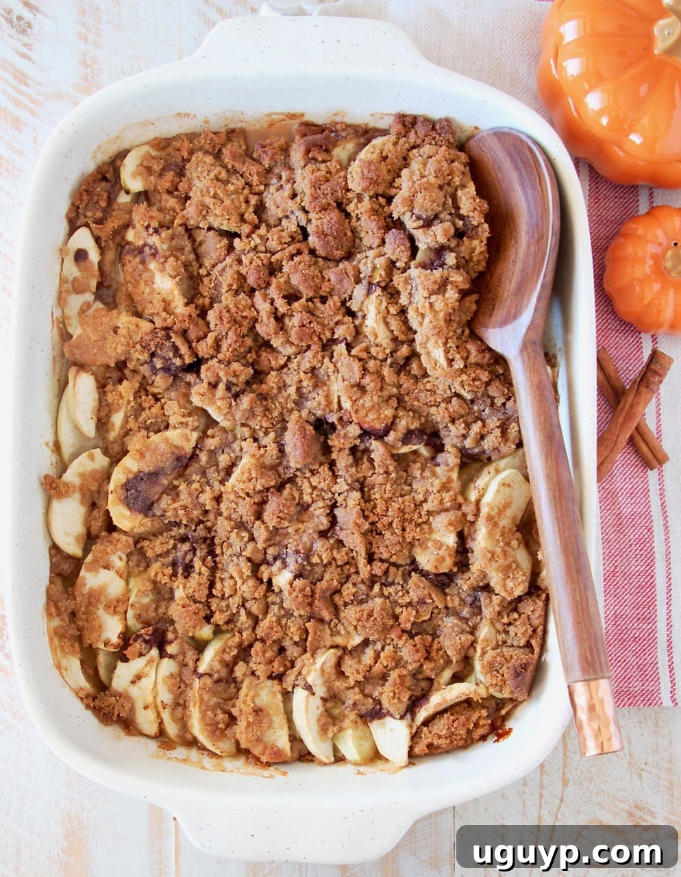An inviting overhead view of a Pumpkin Spice Apple Crumble baking in a white casserole dish, perfectly paired with charming small orange pumpkins and cinnamon sticks on a festive red and white striped towel.